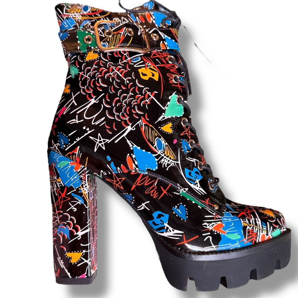 Women's Black Multi-Color Graphic Lace-Up Chunky Heel Ankle Boots